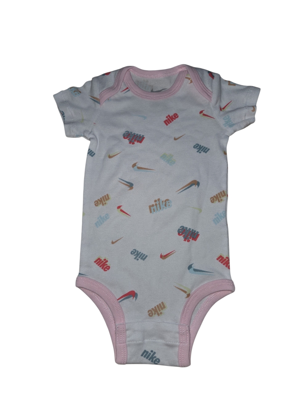 Nike Baby Girls Bodysuit 0-6 Months White Multicolor Swoosh Print Pink Trim - Picture 2 of 5